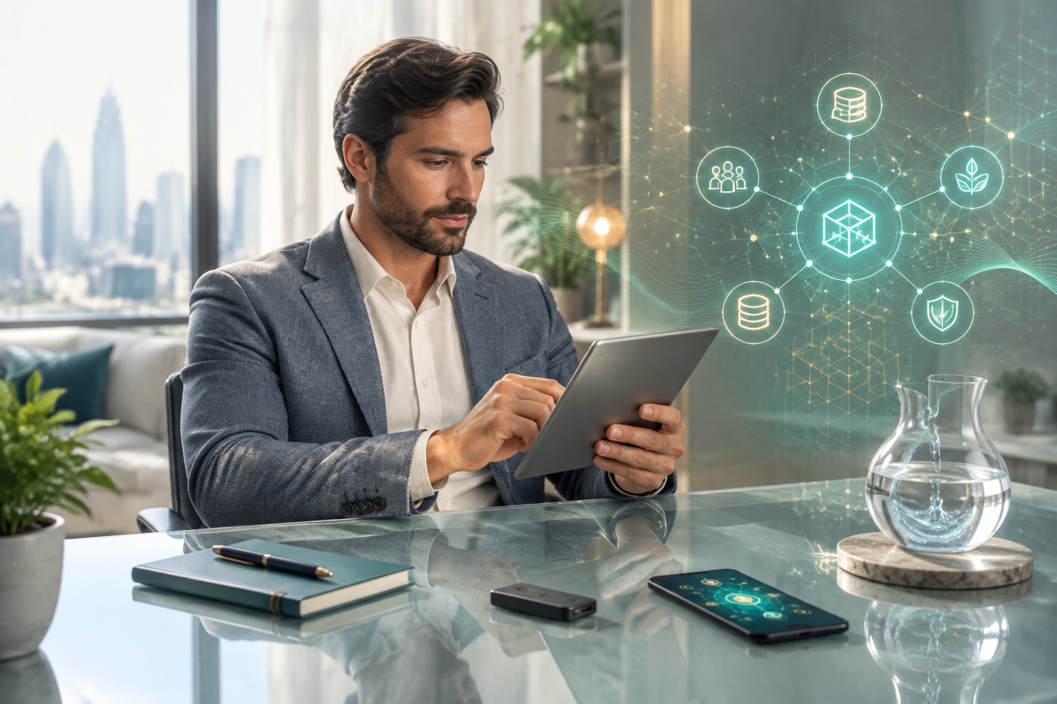 A financial analyst reviews a tablet beside a hardware wallet and smartphone in a modern workspace.