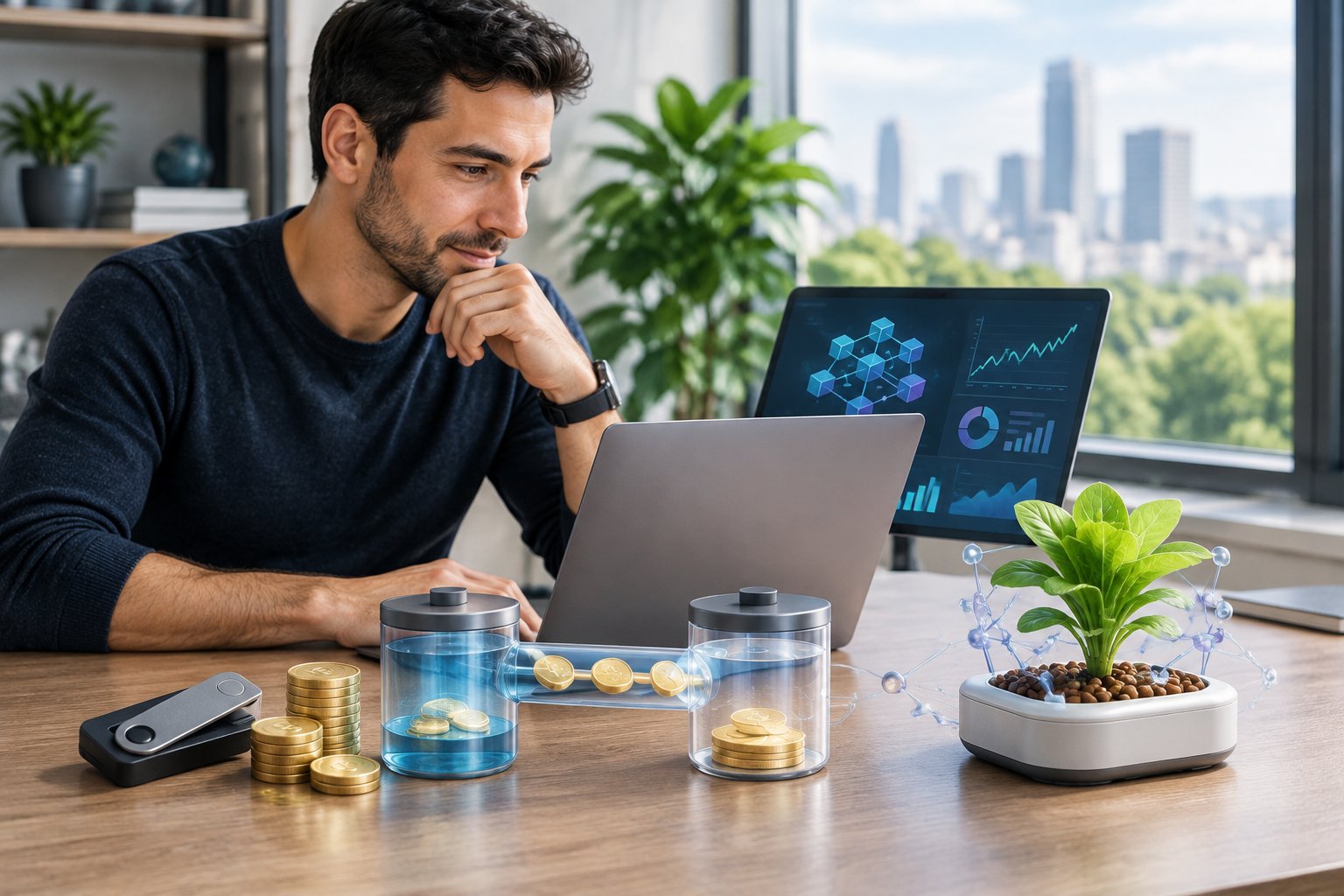 An investor studies a laptop beside digital tokens and a small plant.